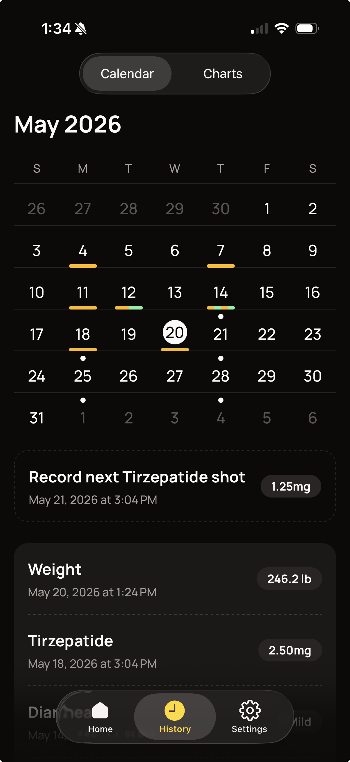 A calendar view for May 2026 with colored markers under shot days, a record for the next Tirzepatide shot, and entries for weight and Tirzepatide doses.