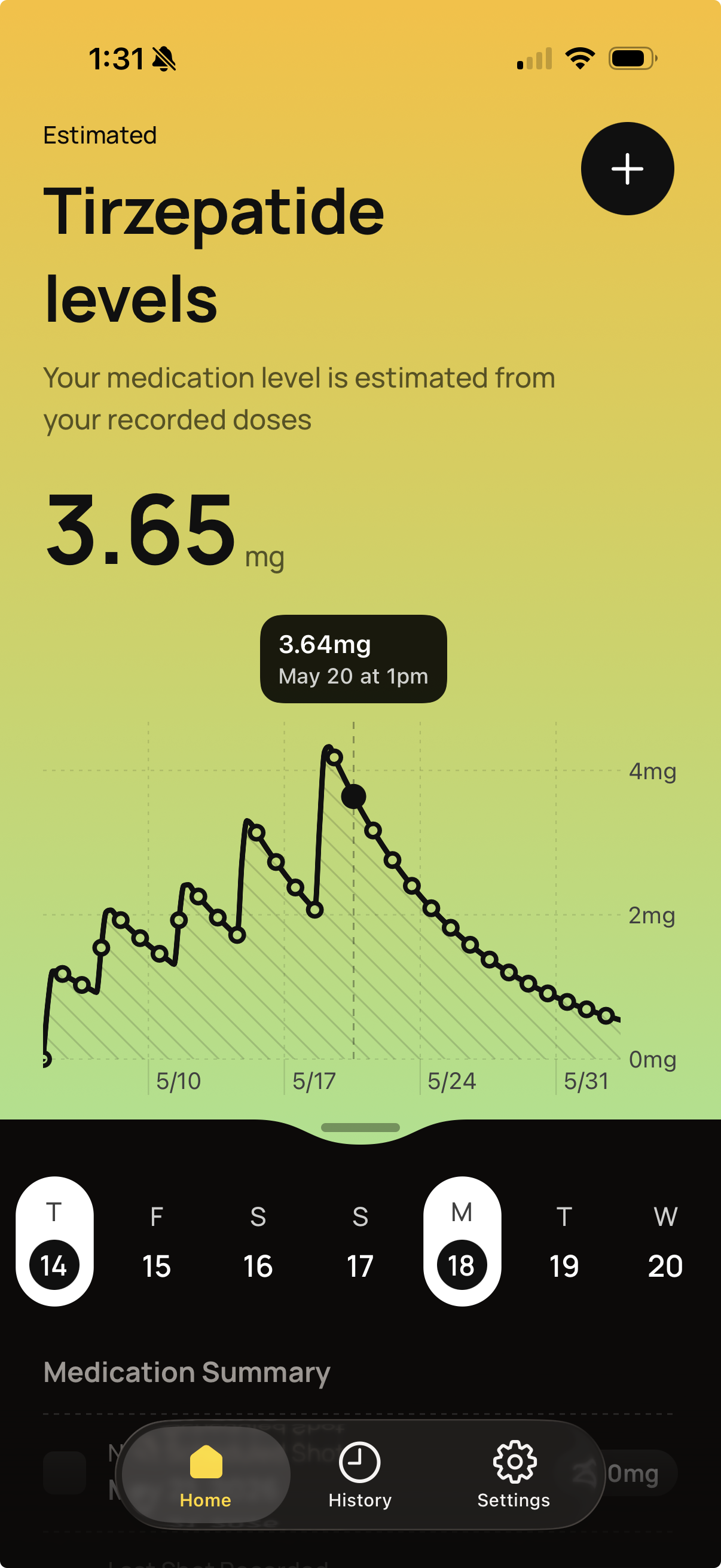 microd0se home screen: estimated Tirzepatide levels at 3.65 mg, with a half-life chart curving from May 10 through May 31, on an Amber to Green gradient.