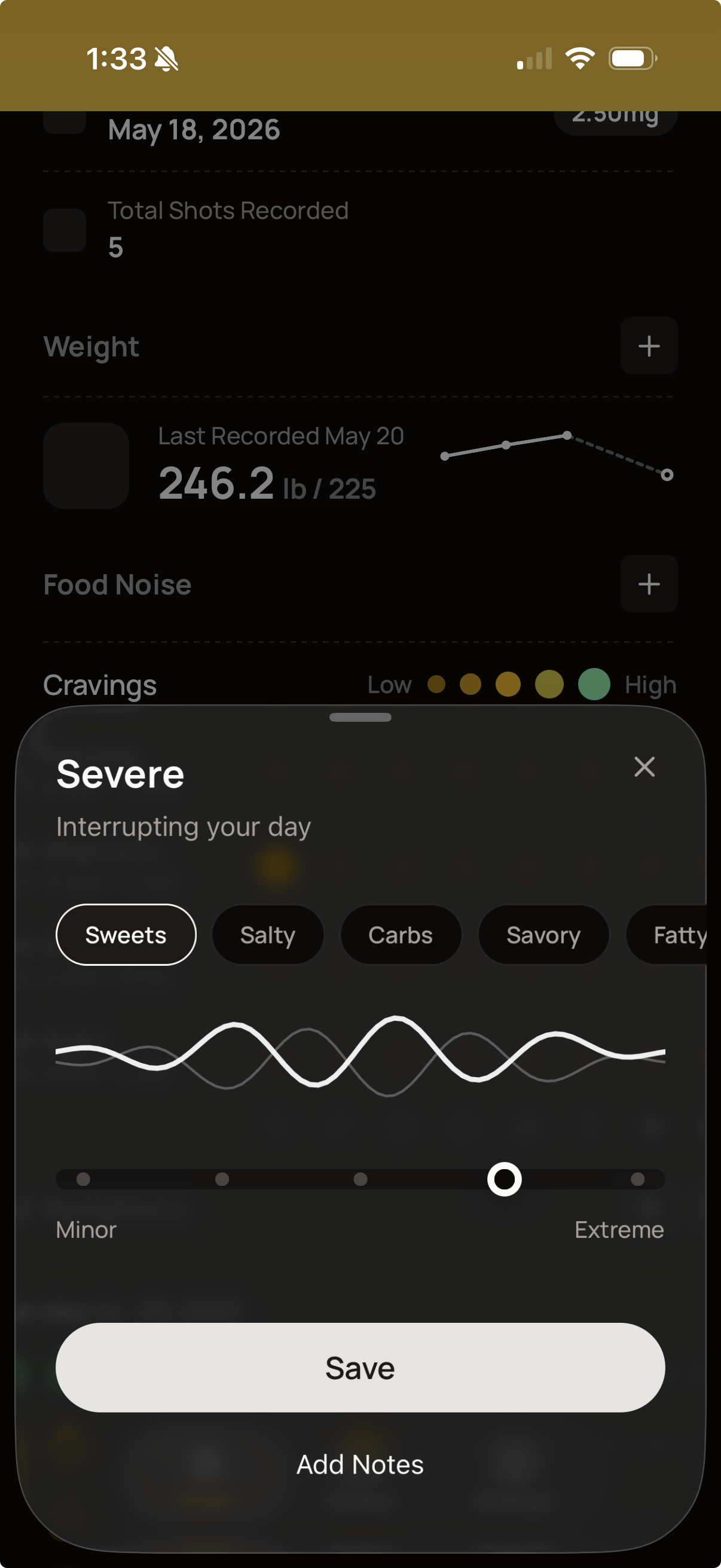 A bottom sheet titled Severe with chips for Sweets, Salty, Carbs, Savory, Fatty, a waveform slider set near Extreme, and a Save button.