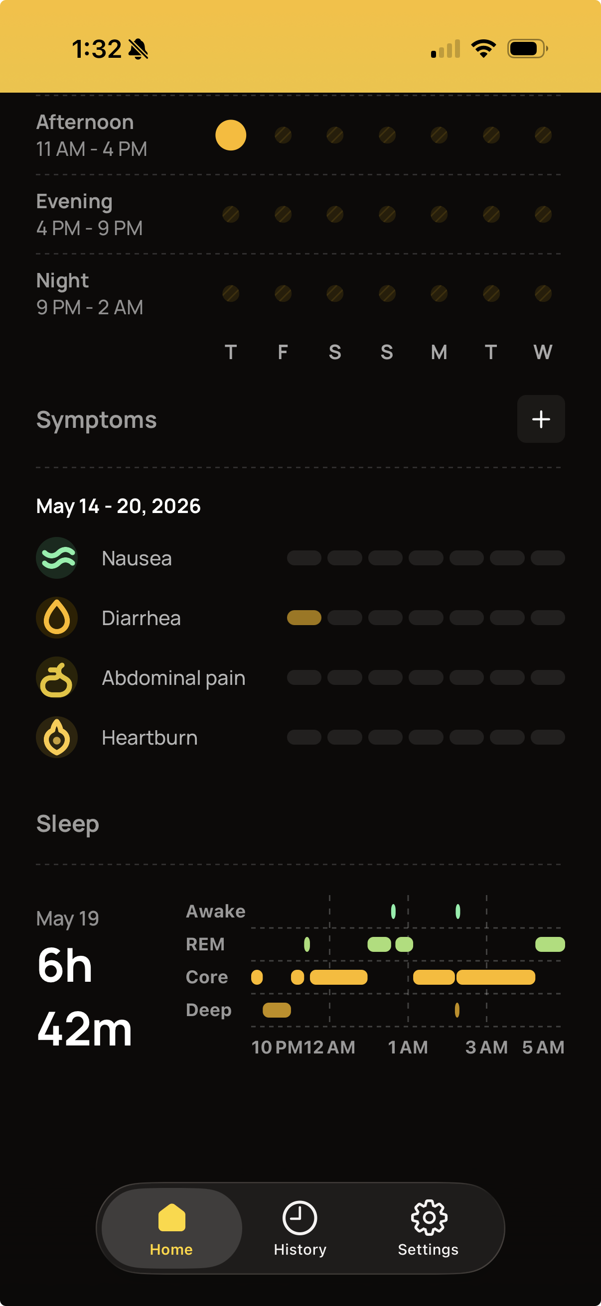 Symptoms section showing Nausea, Diarrhea, Abdominal pain, and Heartburn rows across a week, plus the sleep stage chart for May 19 with Awake, REM, Core, and Deep tracks.