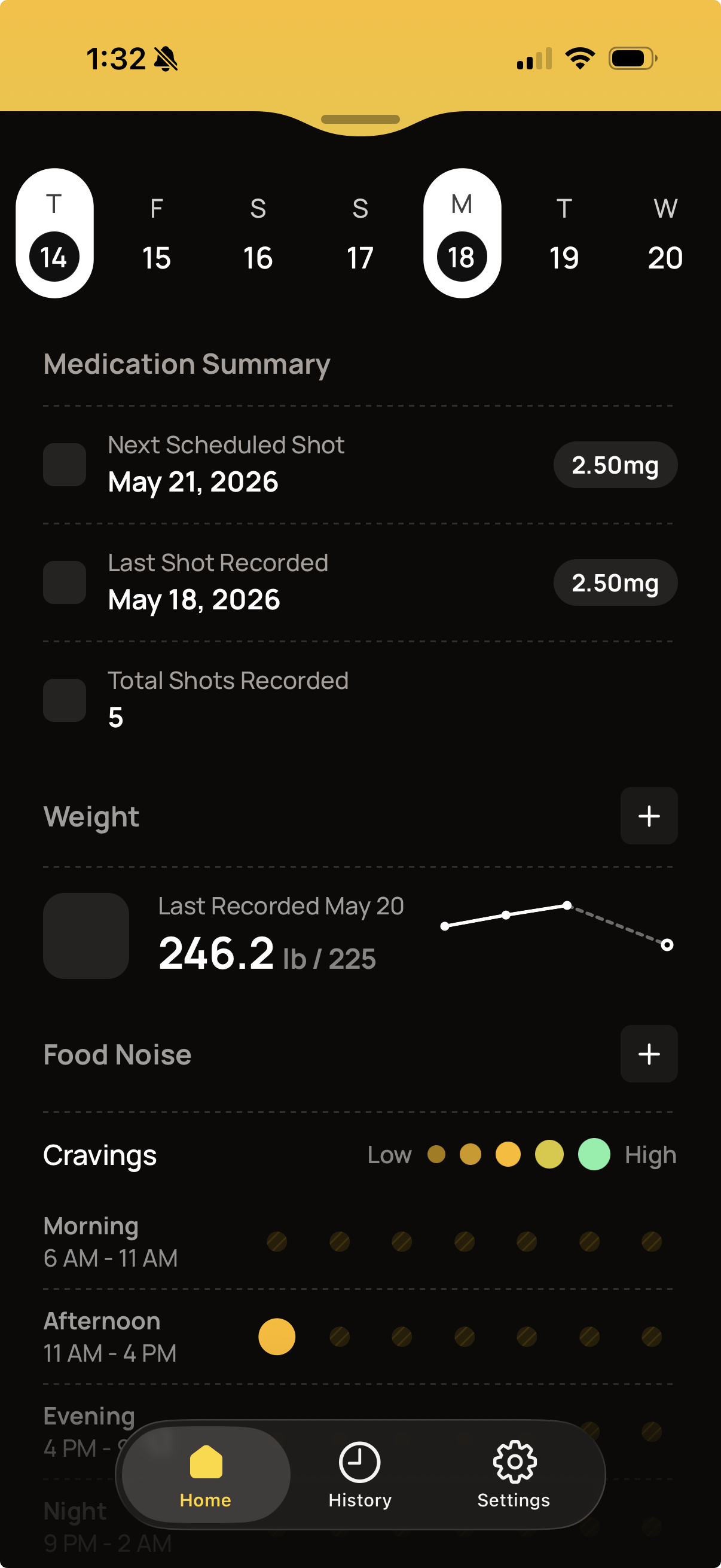 The home details below the dipped sheet: medication summary, weight 246.2 lb of 225 lb goal, and a Cravings heatmap showing morning and afternoon by day of week.